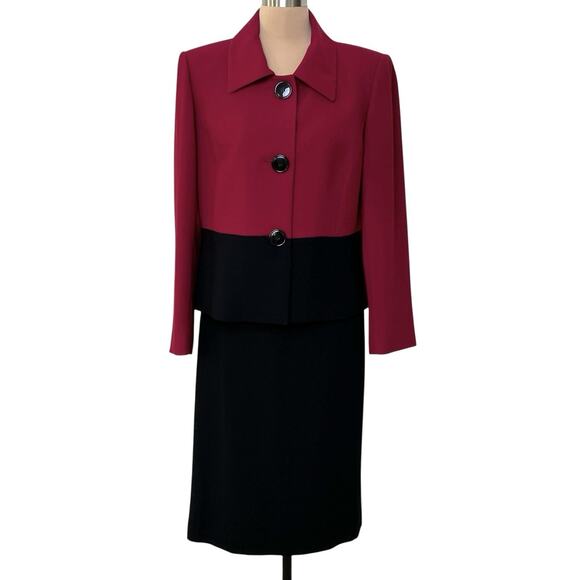 Kasper Suit Set Blazer Raspberry Pink Black Pencil Skirt Size 12 Business Casual - Picture 1 of 12